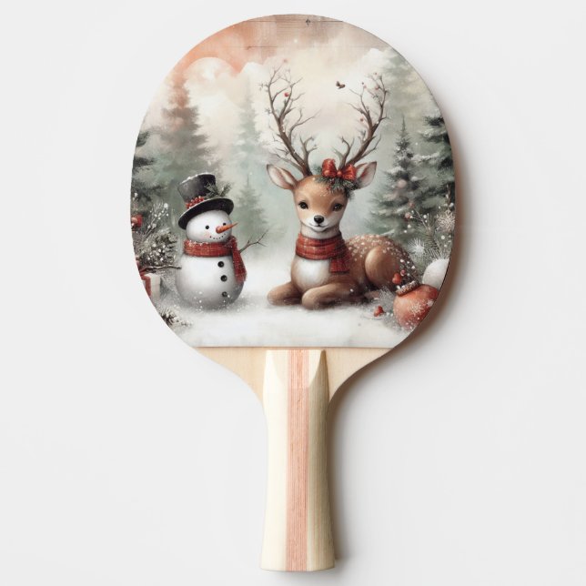 Classic woodland Christmas deer/snowman Ping Pong Paddle (Front)