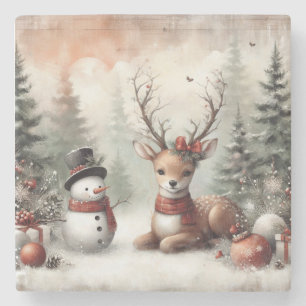 Classic woodland Christmas deer/snowman Stone Coaster
