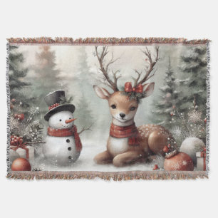 Classic woodland Christmas deer/snowman Throw Blanket