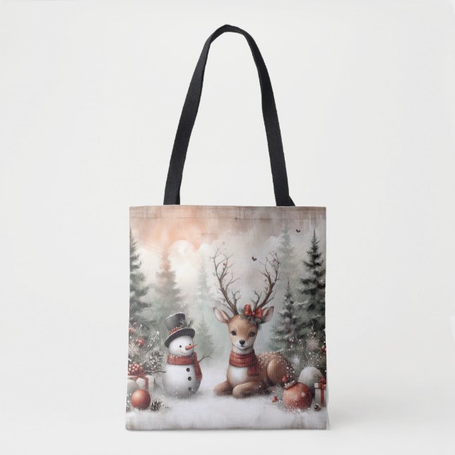 Classic woodland Christmas deer/snowman Tote Bag (Front)