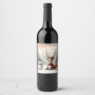 Classic woodland Christmas deer/snowman Wine Label