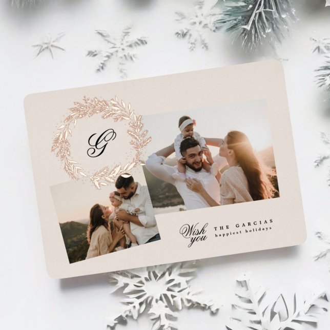 Classic wreath Christmas photo collage Rose Gold Foil Holiday Card (Creator Uploaded)