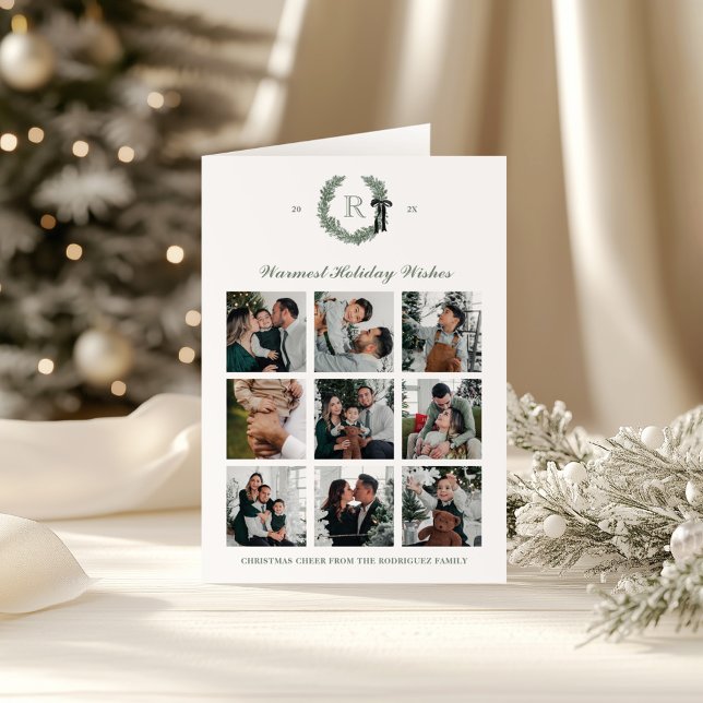 Classic Wreath Monogram Multi-Photo Folded Holiday Card (Creator Uploaded)