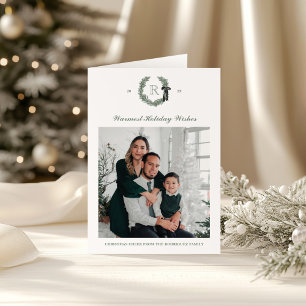Classic Wreath Monogram One Photo Folded Holiday Card
