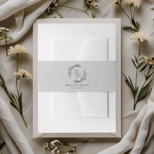 Classic Wreath Monogram Soft Sage Wedding Invitation Belly Band