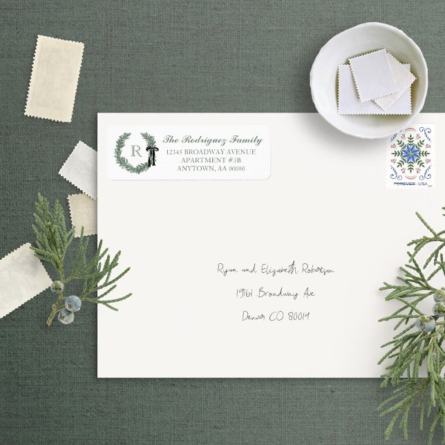 Classic Wreath Monogram with Bow Return Address Label (Creator Uploaded)