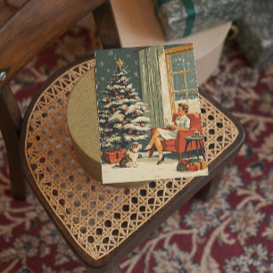 Classic Xmas Scene Woman  Dog Decorated Tree Holiday Card