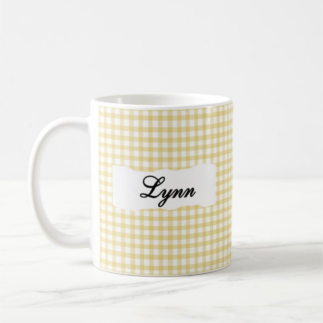 Classic Yellow Gingham Personalised Name  Coffee Mug (Left)