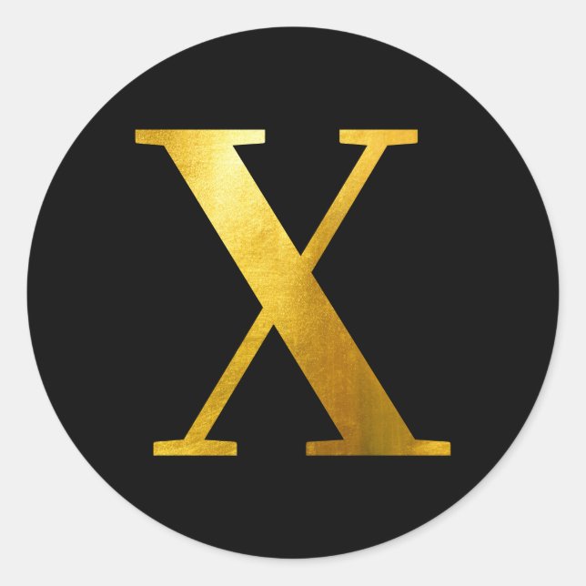 Classic Yellow Gold Foil Monogram X on Black Round Sticker (Front)