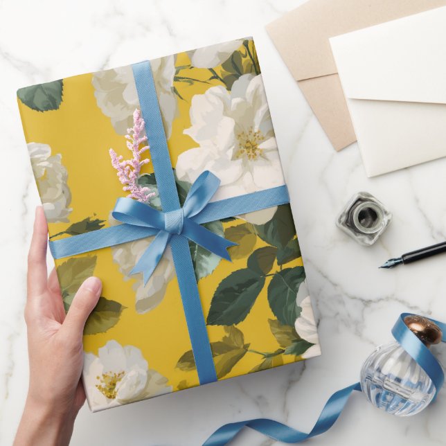 Classic Yellow Rose White Floral Pattern Wrapping Paper (Gifting)