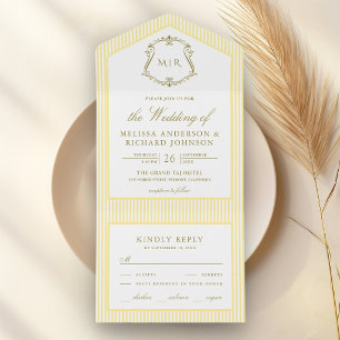 Classic Yellow Striped Crest Monogram Wedding All In One Invitation