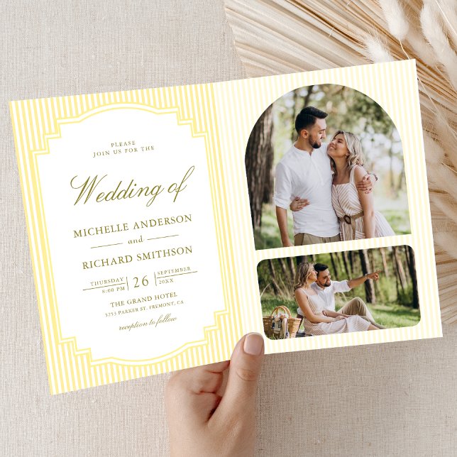 Classic Yellow Striped Photo QR Code Wedding Invitation (Creator Uploaded)
