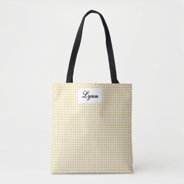 Classic Yellow & White Gingham | Personalized Name Tote Bag (Front)