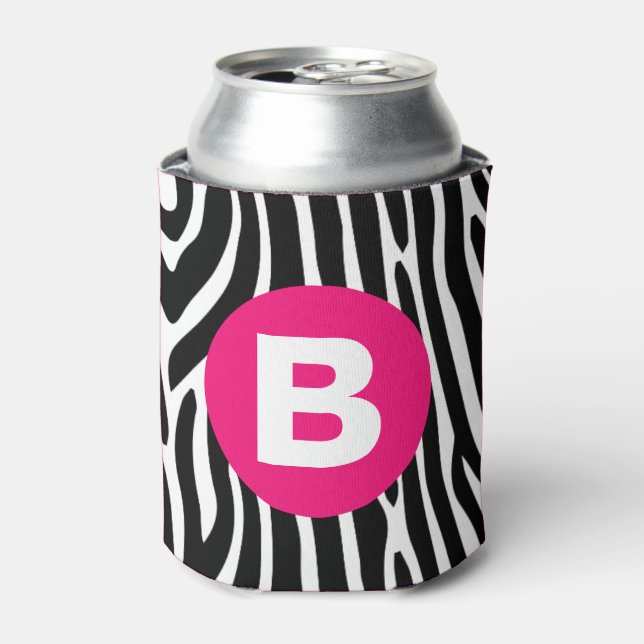 Classic Zebra Stripes Bright Pink Monogram Can Cooler (Can Front)