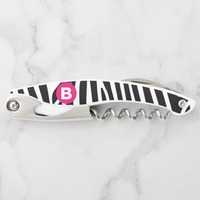 Classic Zebra Stripes Bright Pink Monogram Corkscrew (Front)