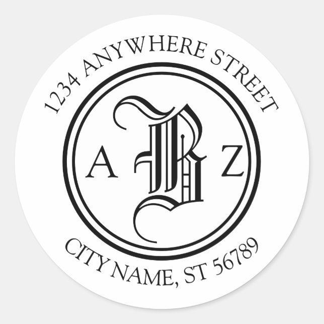 Classical Blackletter Monogram Round Address Classic Round Sticker (Front)