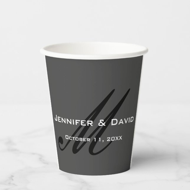 Classical Calligraphy Monogram Wedding Grey Paper Cups (Front)