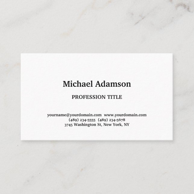 Classical Elegant Plain Simple White Business Card (Front)