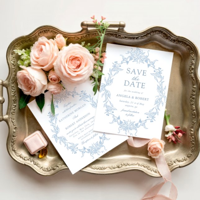 Classical Floral Crest Save the Date Photo Card (Creator Uploaded)
