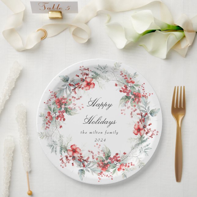 Classical Holiday Berries Monogram Paper Plate (Wedding)