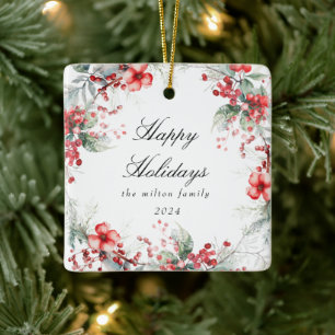 Classical Holiday Berries Photo Monogram Ceramic Ornament