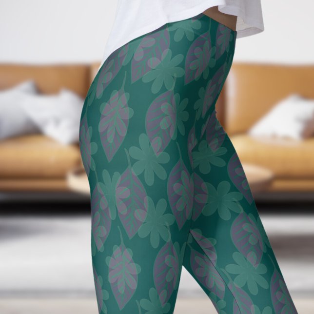 Classical Jungle Green Leaf and Petal Pattern Leggings (Leaf and Petal on Deep Jungle Green Leggings)