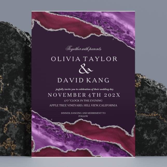 Classical Modern Burgundy & Purple Silver Wedding Invitation (Creator Uploaded)