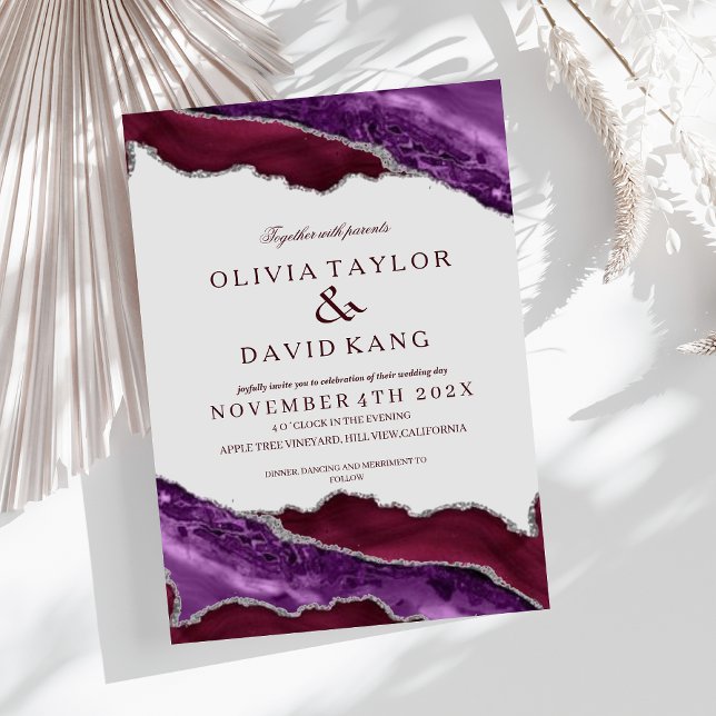 Classical Modern Burgundy & Purple Silver Wedding Invitation (Creator Uploaded)