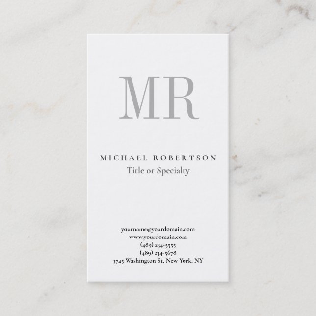 Classical Monogram Grey White Minimalist Plain Business Card (Front)