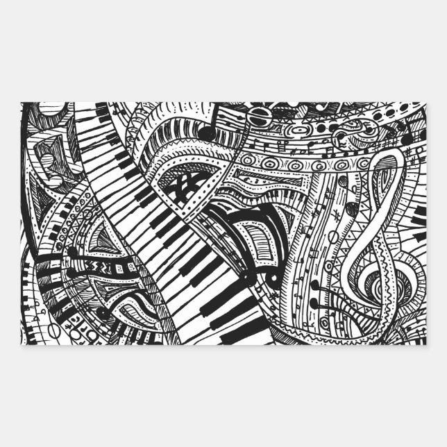 Classical music doodle with piano keyboard rectangular sticker (Front)