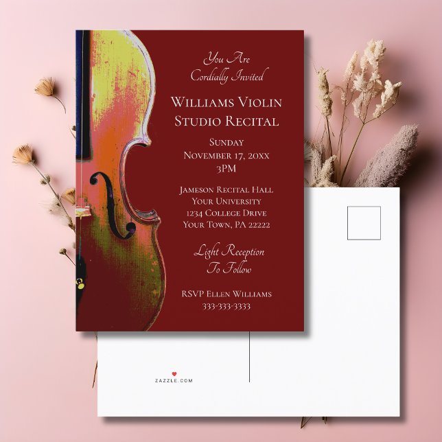 Classical Music Violin Recital Concert Red Invitation Postcard (Creator Uploaded)