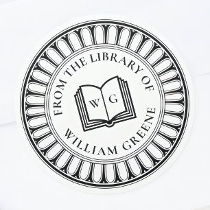 Classical Open Book Monogram Ex Libris Bookplate Classic Round Sticker