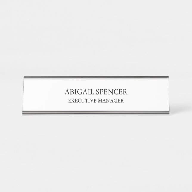 Classical Plain Simple Black White Professional Desk Name Plate (Front)