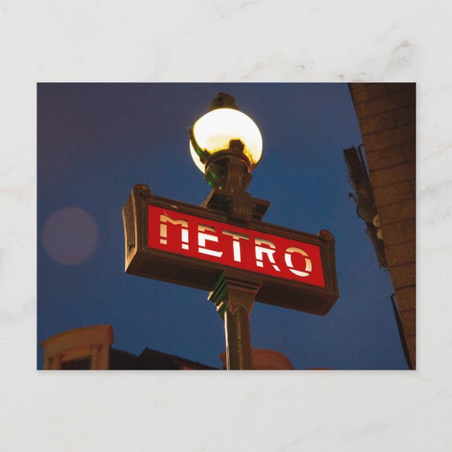 Classical Red Metro Sign with Street Lamp in Paris Postcard (Front)