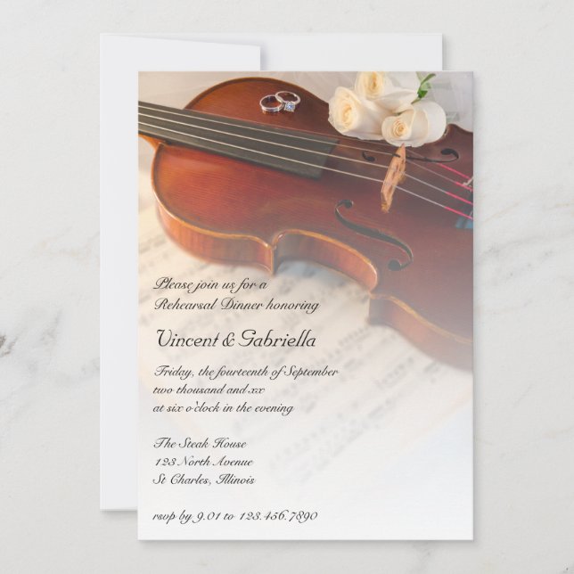 Classical Violin Roses Wedding Rehearsal Dinner Invitation (Front)