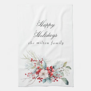Classical Winter Holiday Berries Monogram Tea Towel