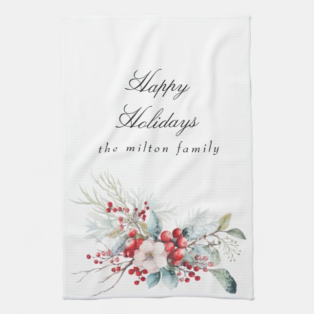 Classical Winter Holiday Berries Monogram Tea Towel (Vertical)