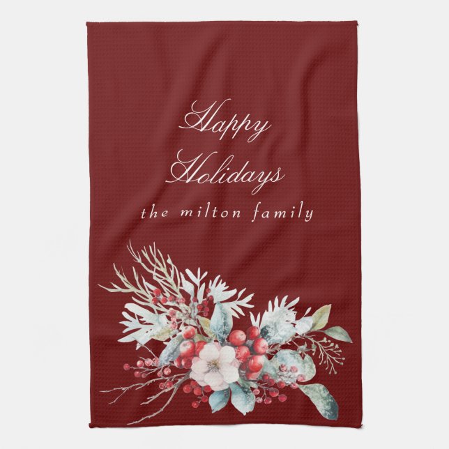 Classical Winter Holiday Berries Monogram Tea Towel (Vertical)