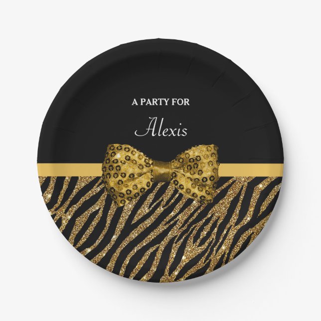 Classly Gold Zebra Print FAUX Glitz Bow With Name Paper Plate (Front)