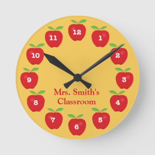 Classroom Clock with Apples on Yellow