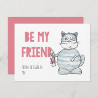 Classroom kids Valentines. Cute cat. Be my friend