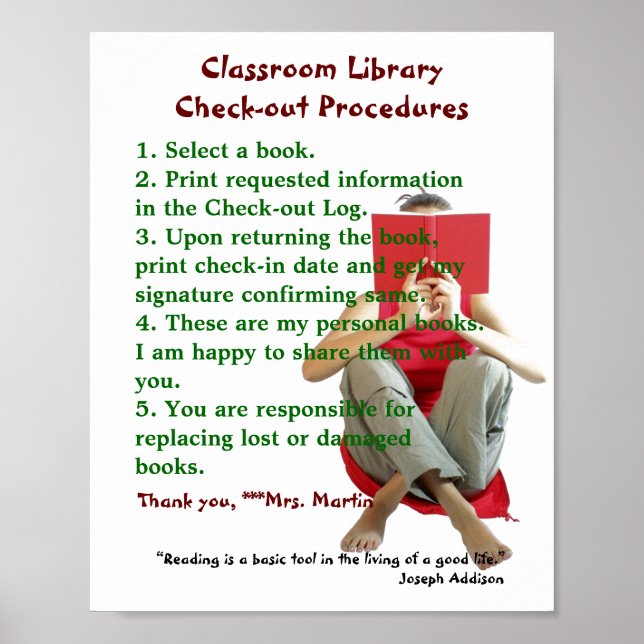 Classroom Library Rules/Checkout Procedures Poster (Front)