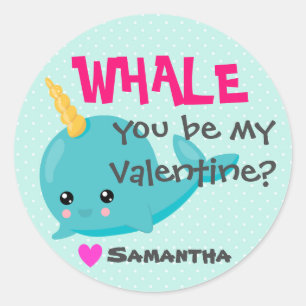 Classroom Narwhal Valentine "Whale you be mine" Classic Round Sticker