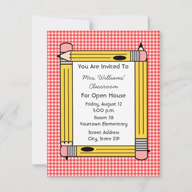Classroom Open House: Yellow Pencils, Red Gingham Invitation (Front)