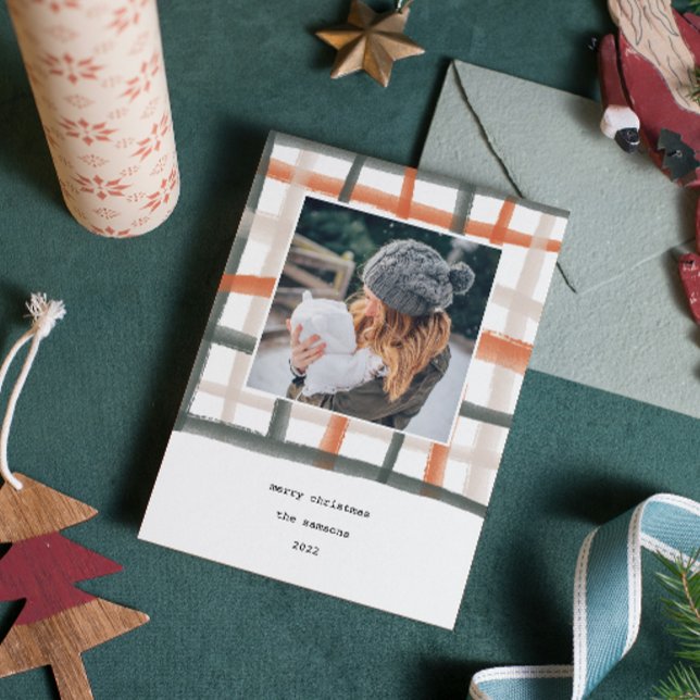 Classroom Plaid Holiday Photo Card | B (Watercolor painted classroom plaid photo Christmas card.)