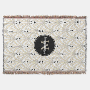 Classy 1920s Vintage Black & Cream Family Name Throw Blanket