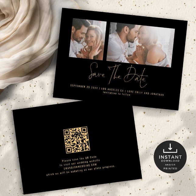 Classy 2 Photos Gold Black Wedding  Save The Date (Front and back view)