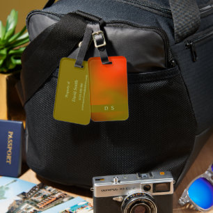 Classy Abstract Green Orange Monogram Luggage Tag