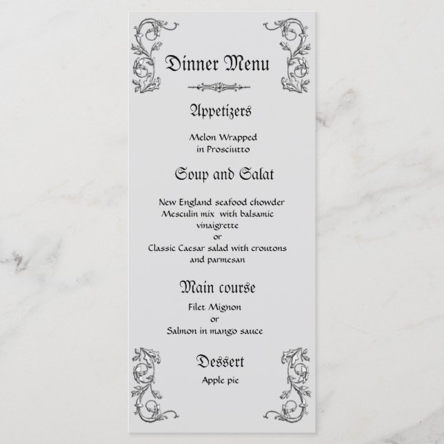 Classy and elegant grey white wedding dinner menu (Front)