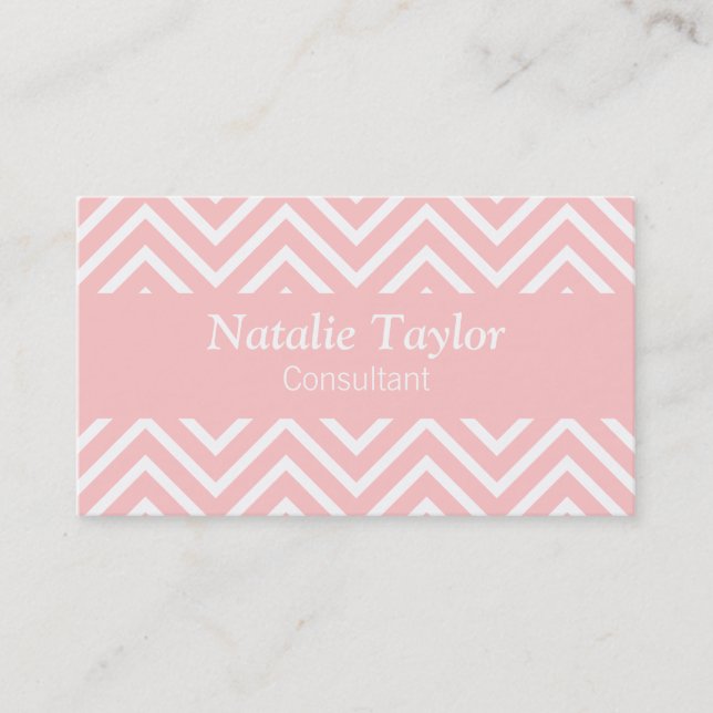 Classy and Elegant, pink and white chevron pattern Business Card (Front)